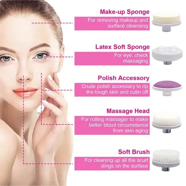Waterproof Facial Cleansing Brush Face Spin Cleaning Brush Scrubber With 5 Brush Heads For Women Divinely_shop